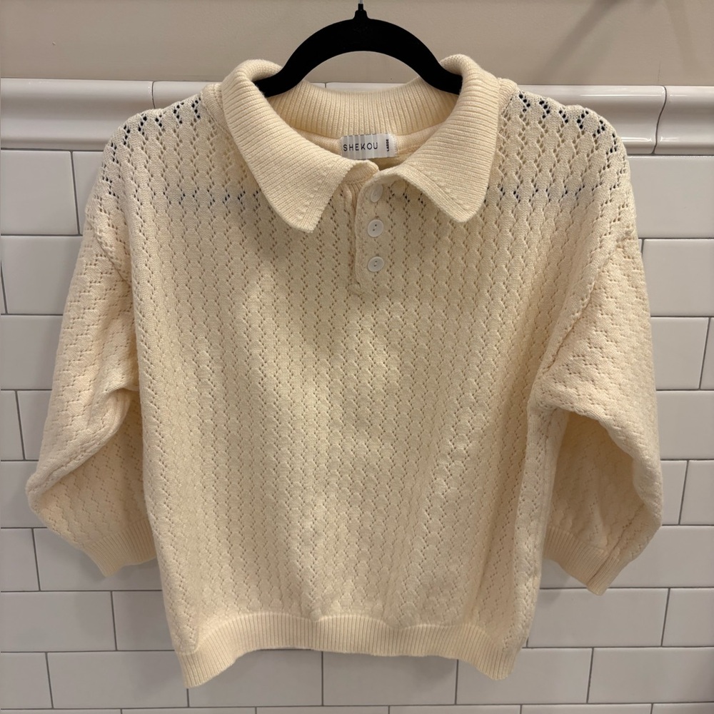 Cream Knit Collared Pointelle Stitch Sweater. Size Large